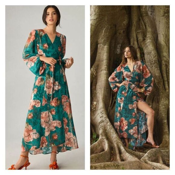 XXS Anthropologie Hutch V-neck Textured Long Sleeve Maxi Wrap Dress - Picture 5 of 13